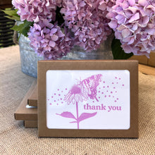 Load image into Gallery viewer, Stack of kraft paper boxes with a window showing a dark pink print of a butterfly, echinacea flower and the words &quot;thank you&quot; styled in front of a bouquet of hydrangeas in matching dark pink
