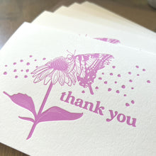 Load image into Gallery viewer, Close up shot of pink butterfly thank you cards, showing the thick texture of the paper and de-bossed letterpress imprint
