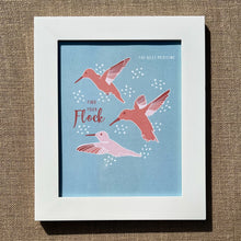 Load image into Gallery viewer, Framed 8x10 art print saying Find Your Flock, with hummingbirds illustration
