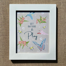 Load image into Gallery viewer, Framed 8x10 art print saying Get Outside &amp; Play, with floral, bird &amp; insect illustration
