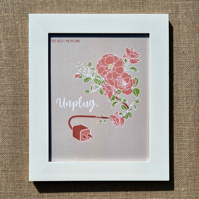 Framed 8x10 art print saying Unplug, with floral and electric plug illustration